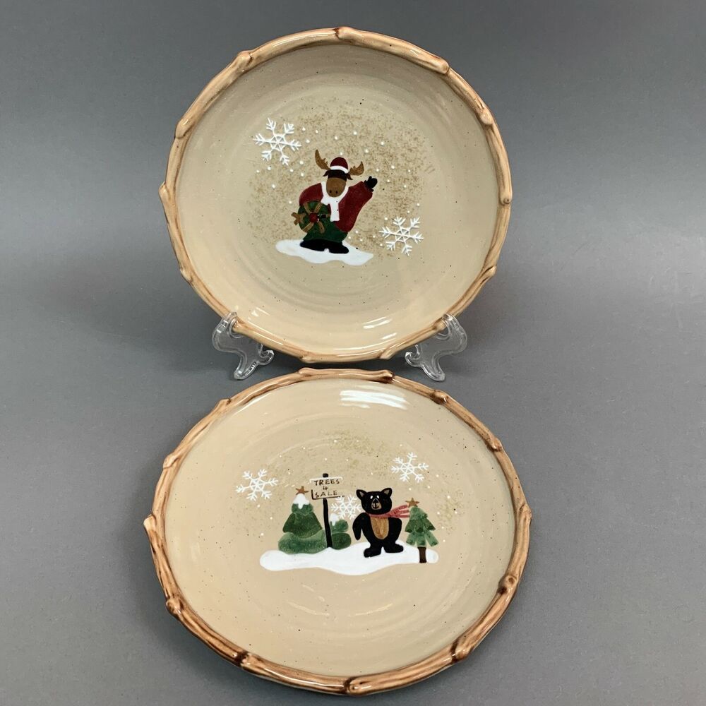 Make the Season Bright Salad Plates Christmas Holiday‎ Bear Moose Lot of 2